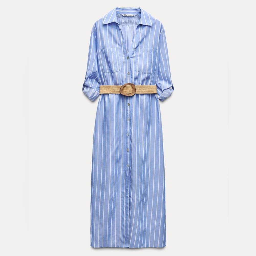 Zara Blue and White Striped Midi Shirt Dress - Picture 9 of 14